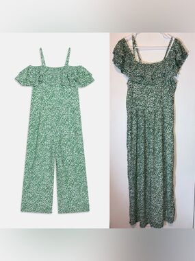 Abercrombie Kids Green Floral Cold Shoulder Wide Leg Crinkle Jumpsuit Size 17/18